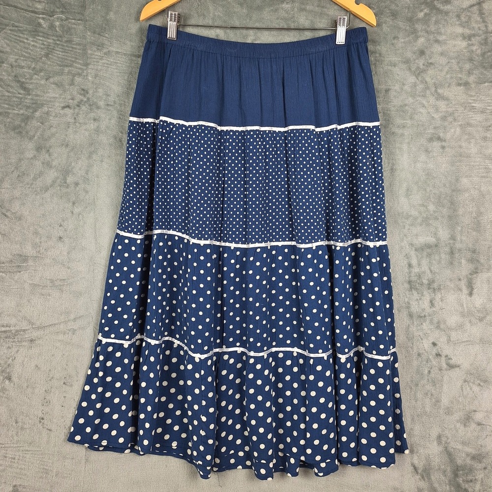 Womens Skirt Large Blue Polka Dot Tiered Maxi Beach Gauze Peasant Boho Prairie